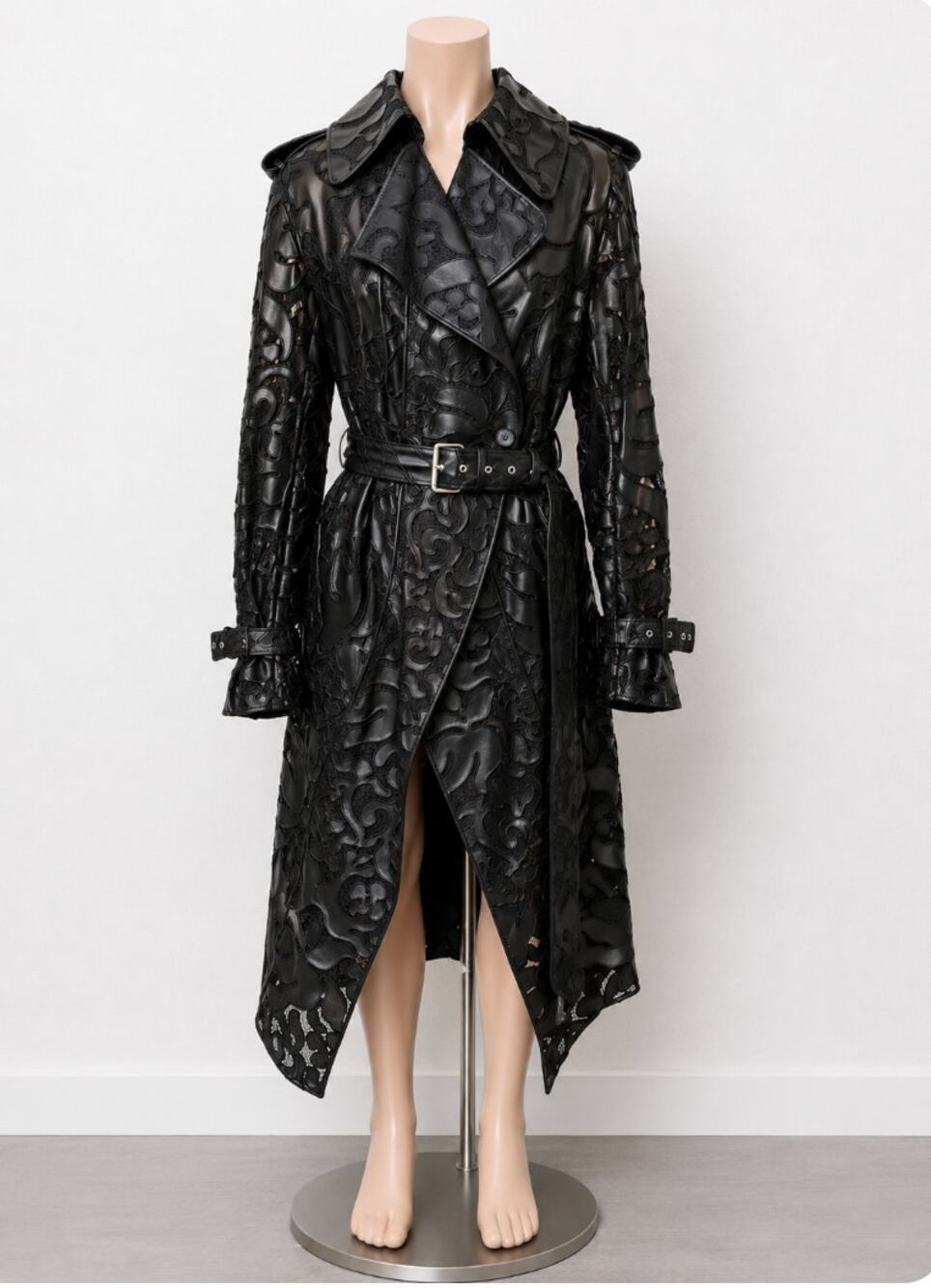 Alexander McQueen Black Leather Lace Belted Trench Coat Made in Italy 14